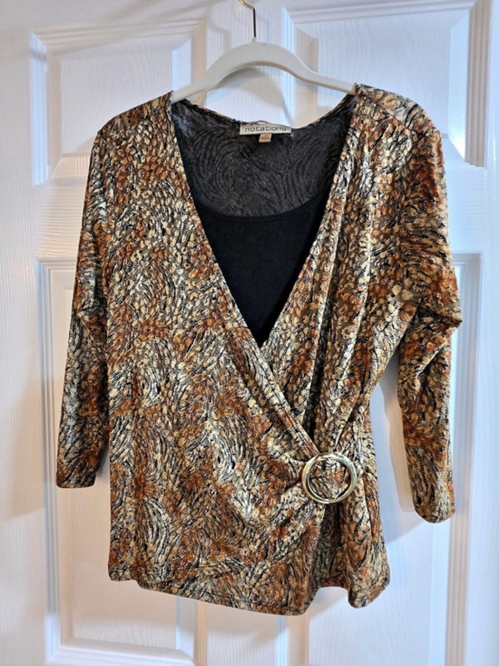 Notations Size S Faux Wrap Top with Metallic Pattern- size Small